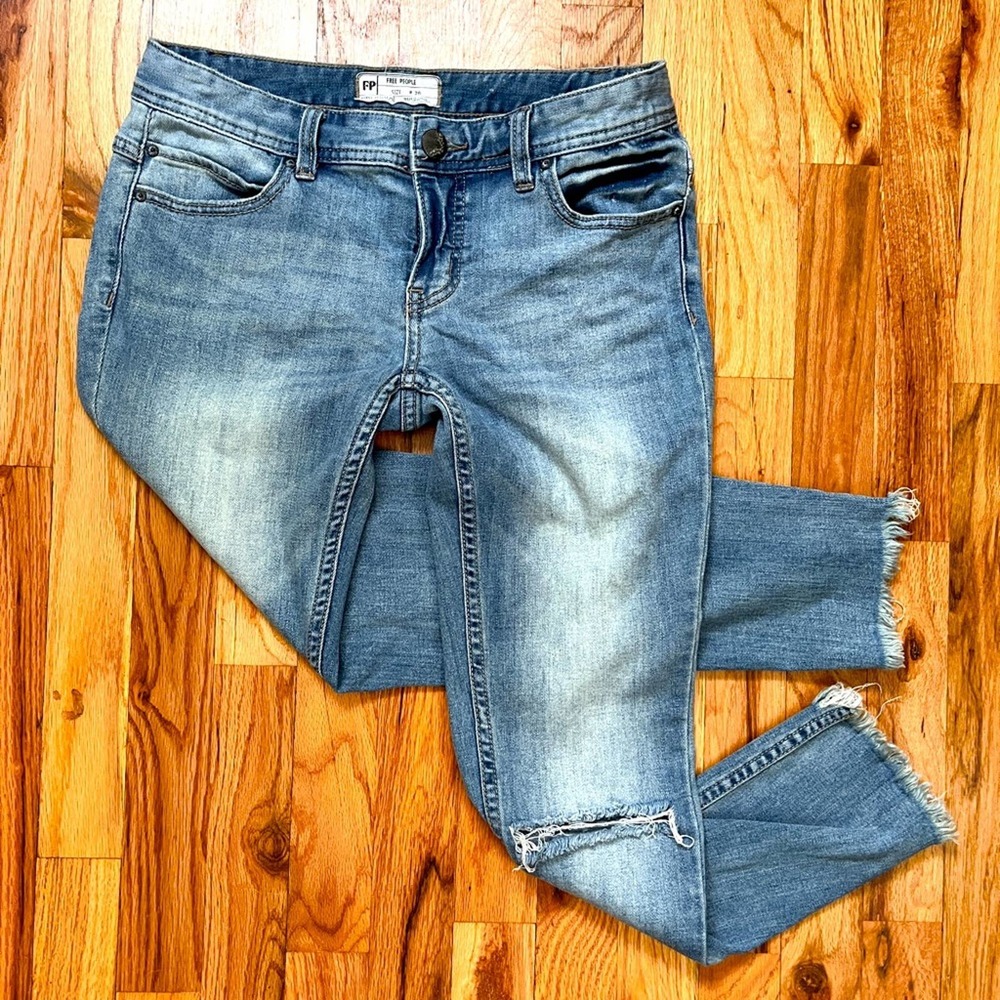 Free People Cut-Off Ripped Low Rise Light Blue Grunge Jeans, Size W28